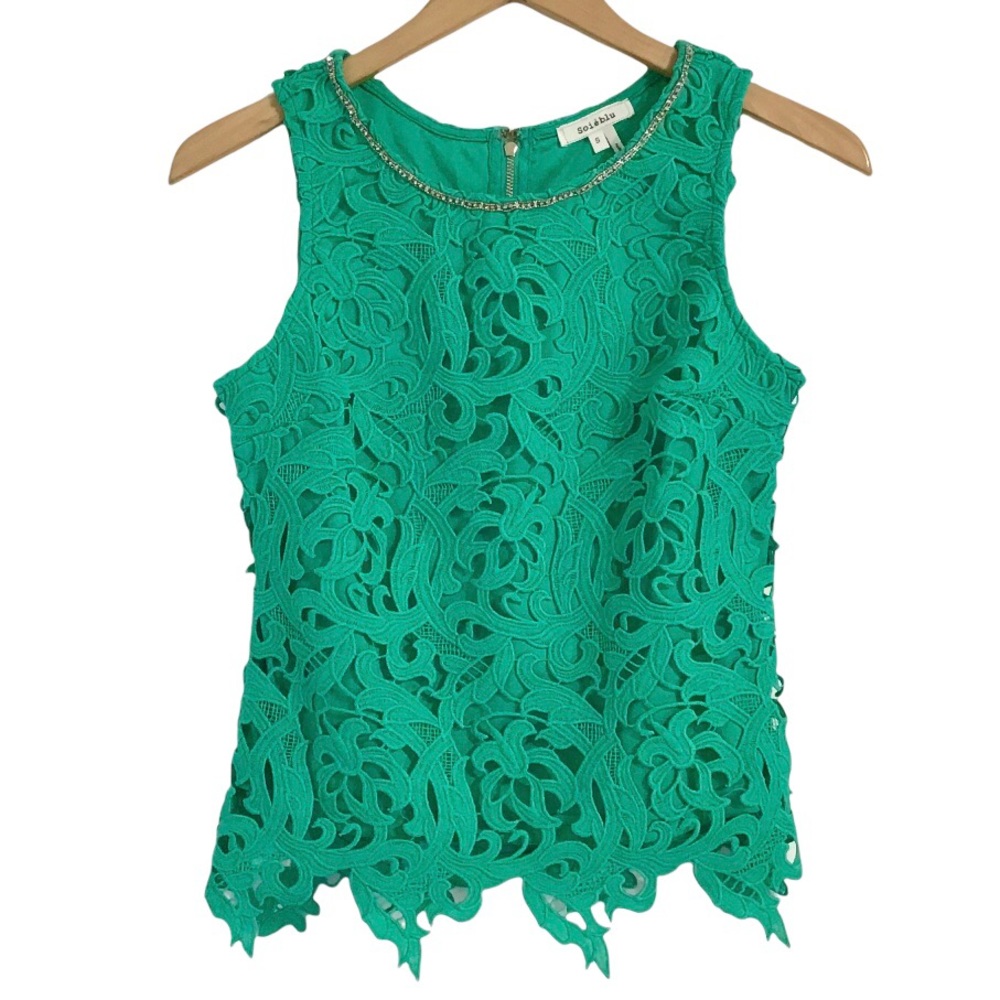 Soieblu Lace Overlay Sleeveless Tank Top Size S Rhinestones & Beads Neckline